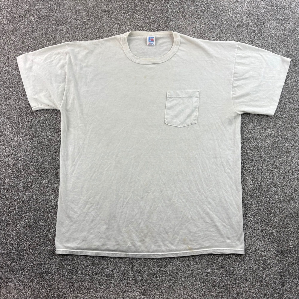Vintage Russell Athletic Pocket Shirt Mens XL White NuBlend Blank USA Thin